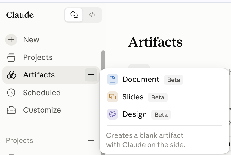 Меню плюсика у раздела Artifacts: Document, Slides, Design