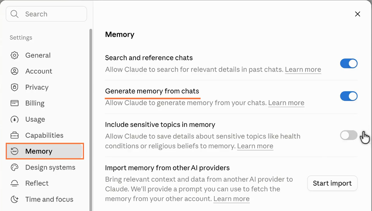 Экран Memory в Claude; выбранный раздел обведён скруглённой рамкой, Generate memory from chats подчёркнут