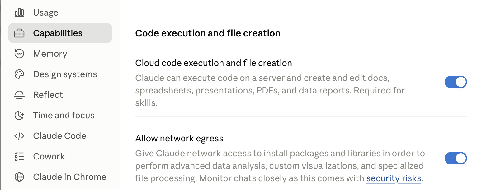 Раздел Capabilities: тумблер Cloud code execution and file creation включён