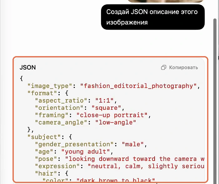 Ответ ChatGPT: блок JSON с описанием фотографии выделен рамкой