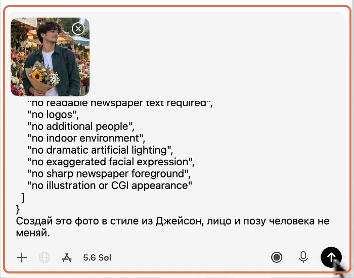 Поле ввода нового чата: своё фото, вставленный JSON и фраза, выделено рамкой
