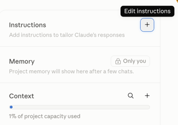 Блок Instructions в правом столбце проекта Claude: кнопка плюс с подсказкой Edit instructions