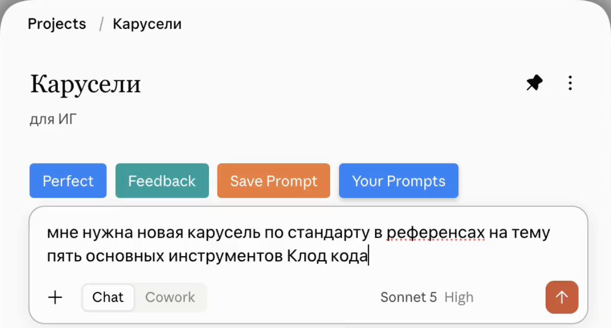 Чат внутри проекта Claude: путь Projects и имя проекта сверху, поле ввода и меню с тремя точками справа