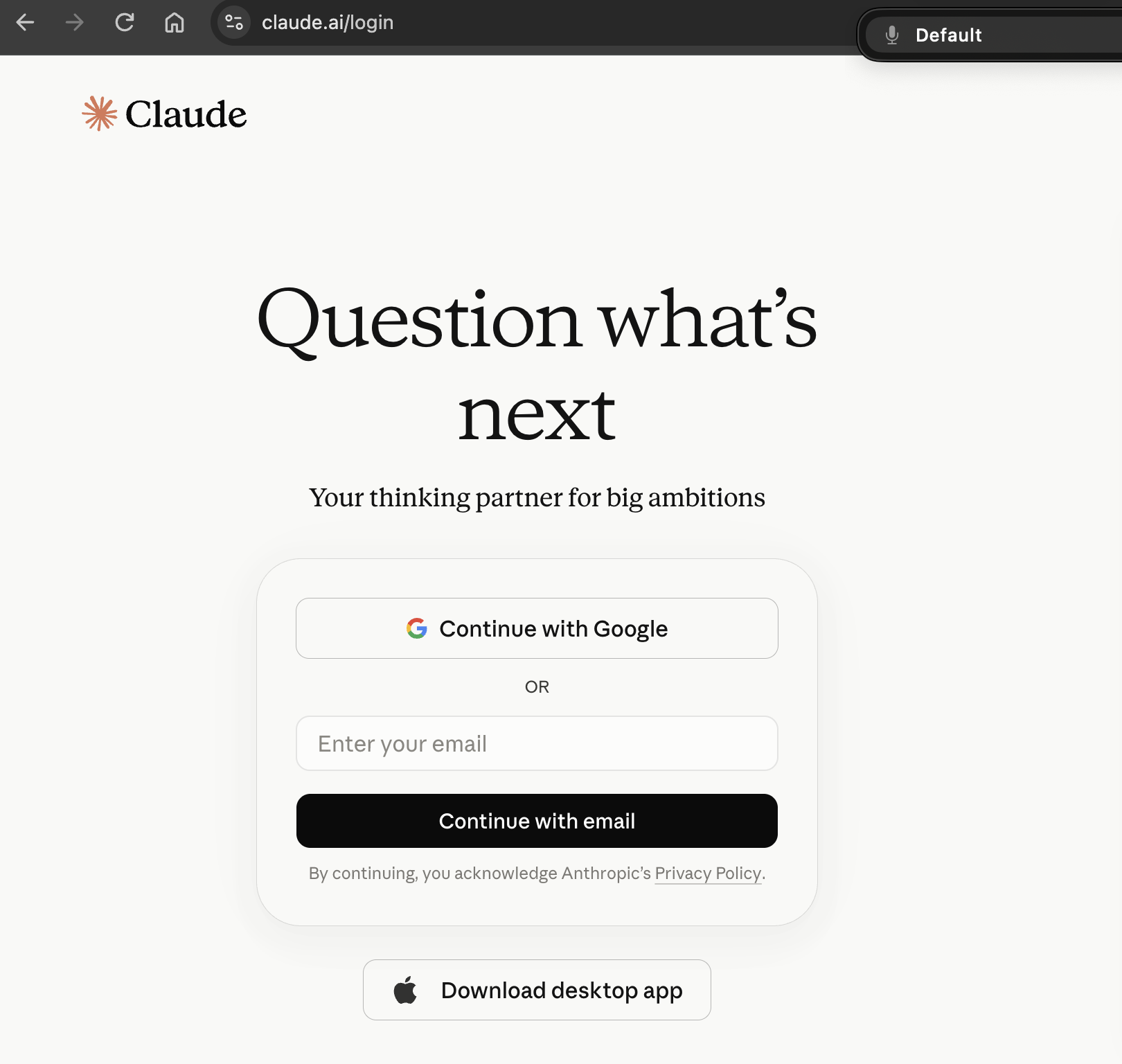 Экран входа Claude с адресом claude.ai и кнопкой Continue with Google