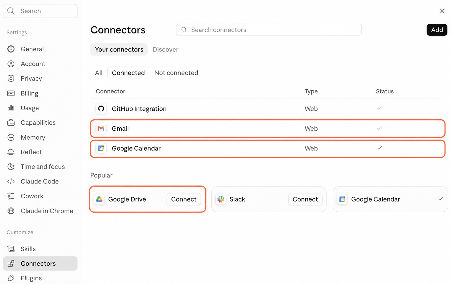 Раздел Connectors в настройках Claude, где оранжевыми рамками отмечены Gmail, Google Drive и Google Calendar