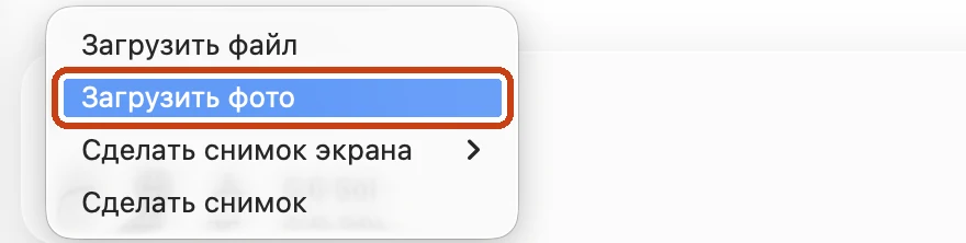 Меню программы ChatGPT для Mac: рамкой выделен пункт «Загрузить фото»
