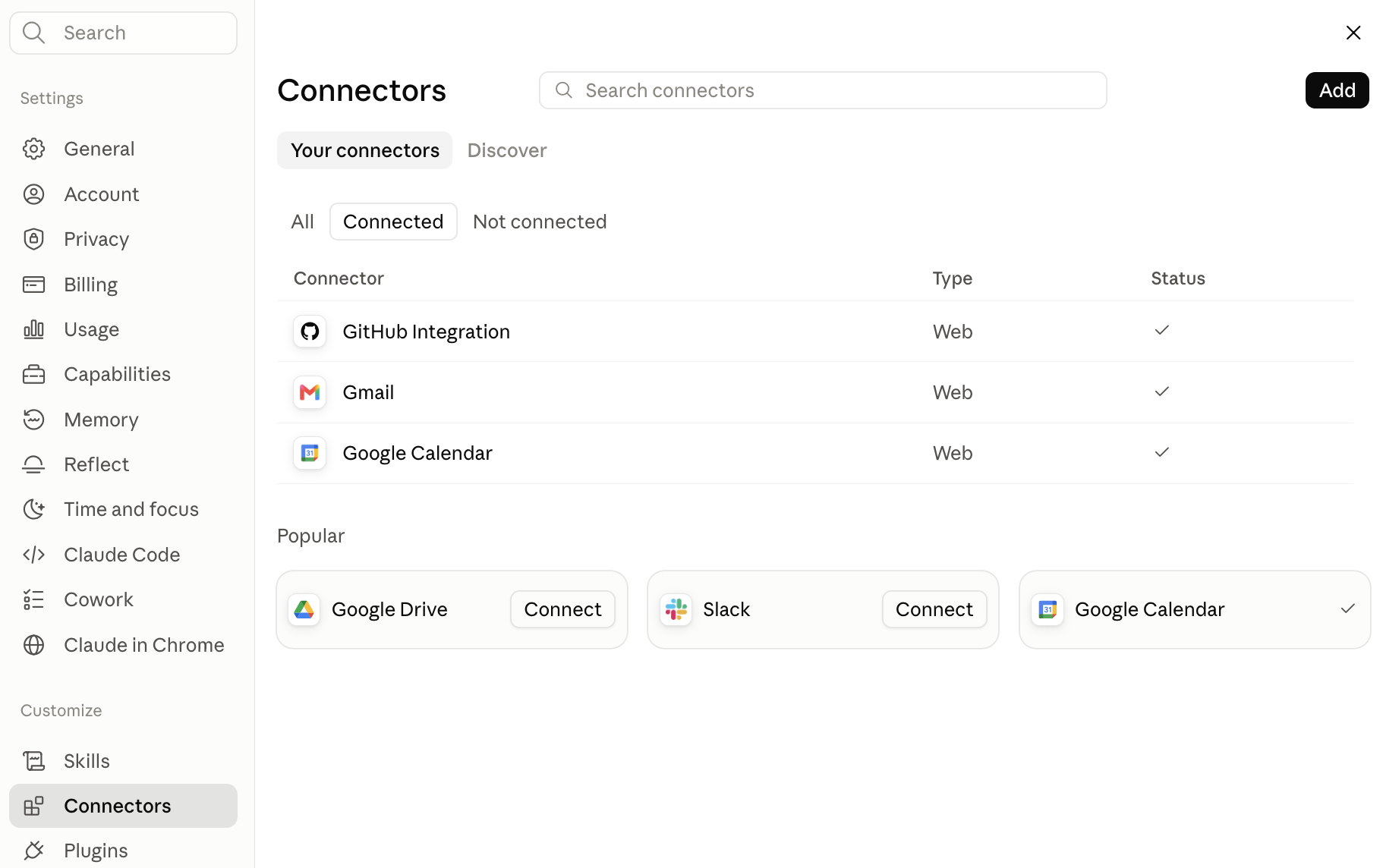 Настройки Claude Connectors: Gmail и Google Calendar отмечены как Connected