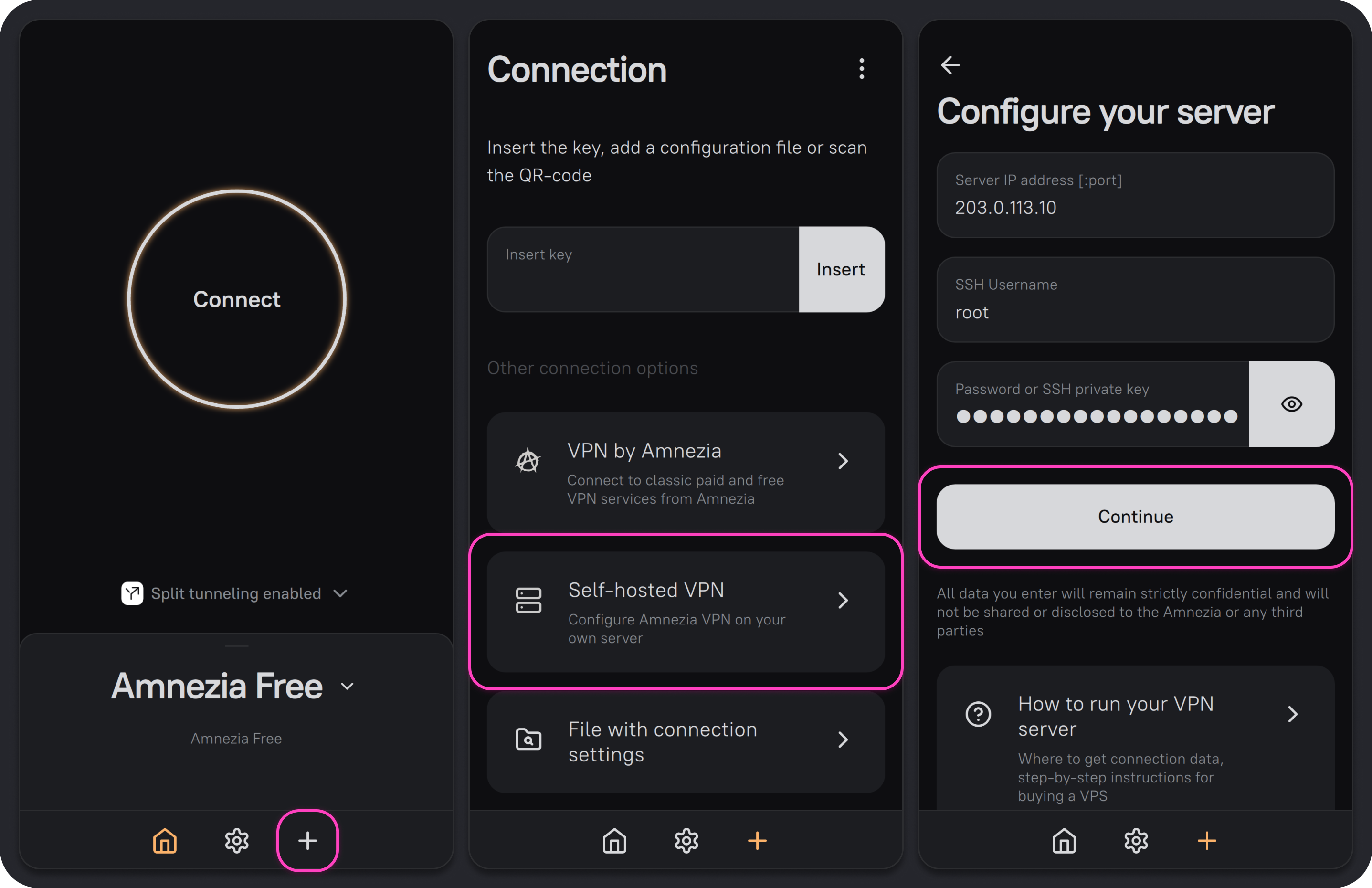 Три экрана AmneziaVPN: кнопка добавления соединения, пункт Self-hosted VPN и форма Configure your server с полями IP-адреса, SSH Username и пароля