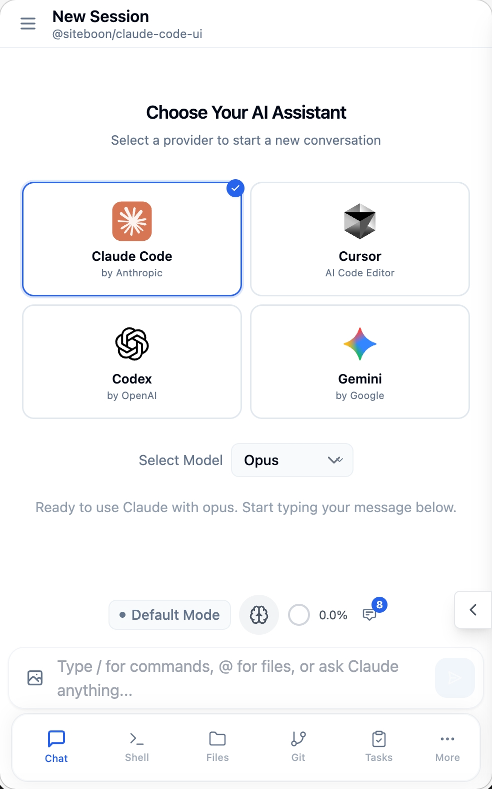 Экран CloudCLI «Choose Your AI Assistant» с выбранным Claude Code и полем выбора модели Opus