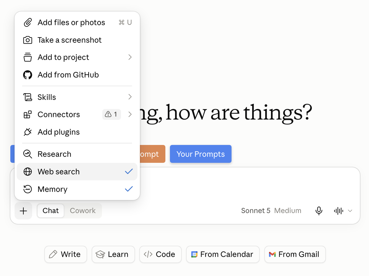 Меню Claude после нажатия на плюс: строка Web search отмечена галочкой