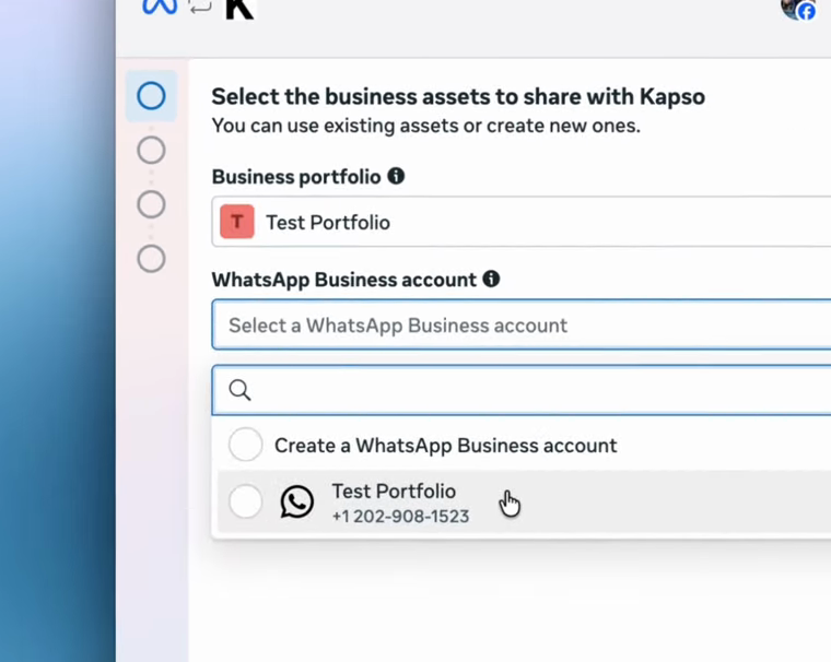Выбор аккаунта WhatsApp Business