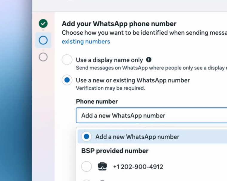 В списке Phone number выбираешь BSP provided number